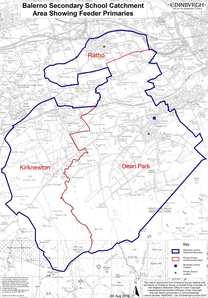 Map showing Balerno High School, Kirknewton, Dean Park, and Ratho Primary School catchments.